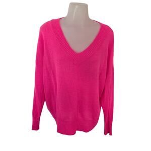 Debut Neon Pink V-Neck Knit Sweater Medium/ Large Cozy Layer Winter Basic